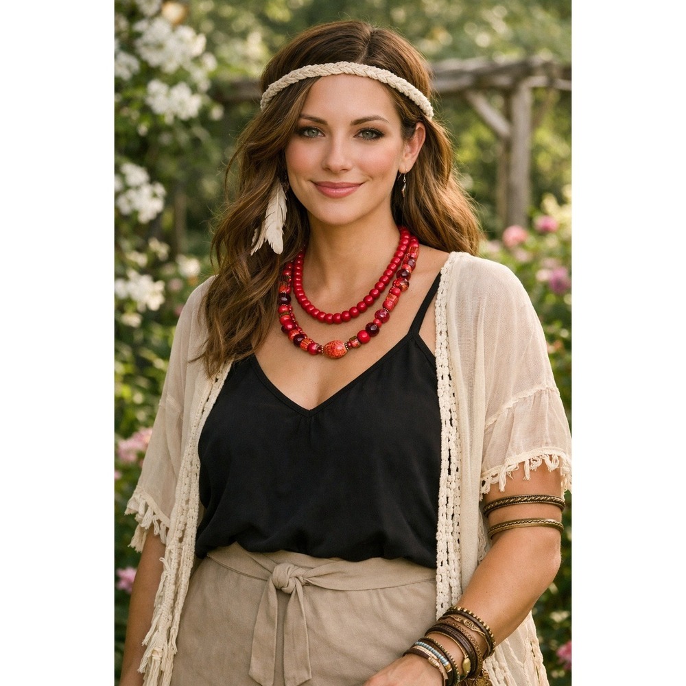 Unbranded Beaded Necklace Women Red Double Strand‎ Layered Bohemian Eclectic